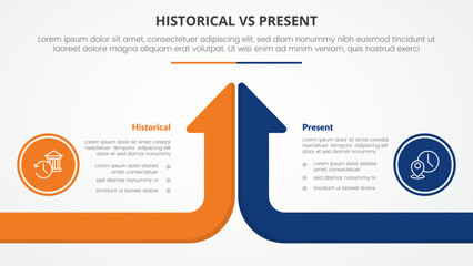 historical vs present versus comparison opposite infographic concept for slide presentation with long arrow bar top direction with flat style