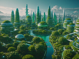 World earth day concept of a green futuristic city, eco city with plants and trees, futuristic sustainable city concept, sustainability, green planet, safe mother earth, green future, nature