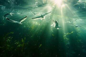 seagulls swimming under deep water with sea plants