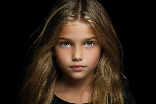 Portrait of a beautiful little girl with long hair on a black background.