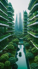 Fototapeta na wymiar World earth day concept of a green futuristic city, eco city with plants and trees, futuristic sustainable city concept, sustainability, green planet, safe mother earth, green future, nature