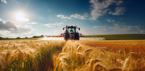 Fototapeta premium A large agricultural field with a tractor equipped with a spray nozzle. The tractor sprays the crops with liquid and fertilizers