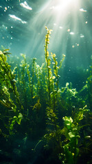 Fototapeta na wymiar underwater seaweed growing in the ocean