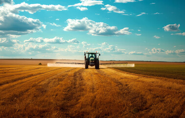 A large agricultural field with a tractor. Preparing the land for sowing with a picturesque landscape with hills