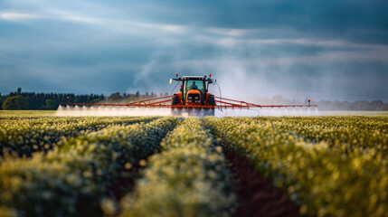 A large agricultural tractor equipped with a spray nozzle. A tractor moves through a field with crops - obrazy, fototapety, plakaty