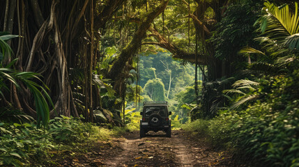 A jeep is driving along a road in the jungle. Background. Tropical butterflies. A beautiful path through the jungle. Mysterious impenetrable jungle overgrown with exotic plants. Generative AI