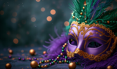  Mardi Gras carnival mask and beads on purple background - obrazy, fototapety, plakaty