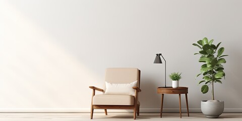 Modern living room interior design with armchair, sofa, plants, painting, wooden furniture, side table, and elegant accessories. Template with copy space.