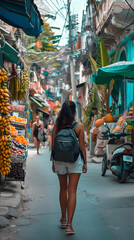 woman walking with her backpack down a winding street to explore fruit stand