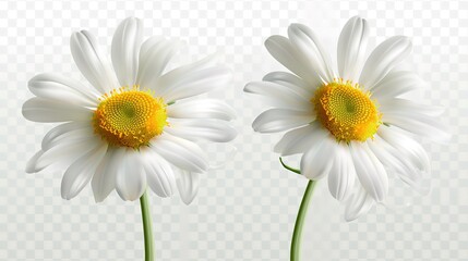 Two chamomile flowers on transparent background. Realistic illustration of daisy flowers,generative ai, generative, ai - obrazy, fototapety, plakaty