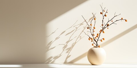 Obraz na płótnie Canvas Contemporary beige vase with branch and shadow, on white table in minimalist interior.