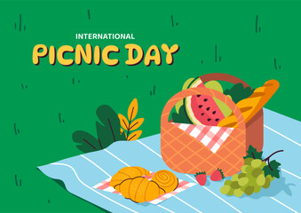 International picnic day poster. Basket with fruits and pastry at blanket. Active lifestyle and leisure outdoor. Greeting postcard for internatioonal holiday 18 June. Cartoon flat vector illustration