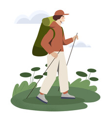 Traveler at hiking concept. Man with backpack and sticks at nature. Active lifestyle and leisure. Travel and tourism. Cartoon flat vector illustration isolated on white background - obrazy, fototapety, plakaty