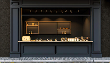 A shop front with a plain wall and a showcase for displaying products or promotional items