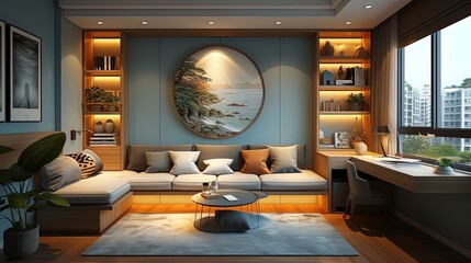 Sleek Urban Elegance: A Fusion of Modern Comfort and Style in Interior Design. Generative AI