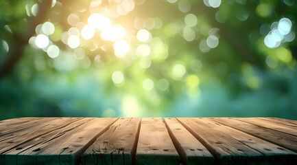 wooden table against blurred green background  