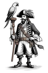 Obraz premium corsair holding parrot. black and white pirate engraving illustration on white background
