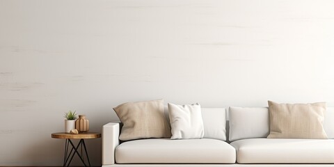 Pillow on white sofa beside coffee table with mugs, empty wall space.