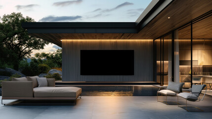 Black wall-mounted outdoor TV set in the fresh air. Luxurious terrace is decorated with an elegant outdoor TV