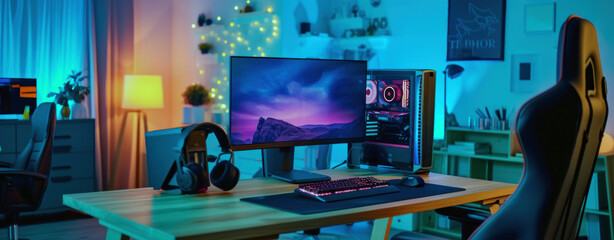 Gaming setup in a room with bright purple and blue lighting. Large monitor for gaming
