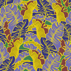 Banana plant leaves pattern for textile design, fabric print, wallpaper, digital paper. Palm tree leaf background, jungle vintage style, hand drawn illustration for spa salon, cafe, hotel decoration.
