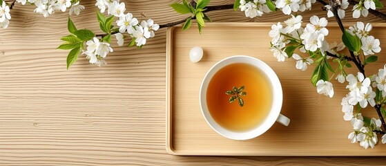 Fototapeta na wymiar Spring Renewal: Crystal, Cherry Blossom, and Herbal Tea