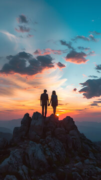 couple holding hands on top of a mountain at sunset concept 