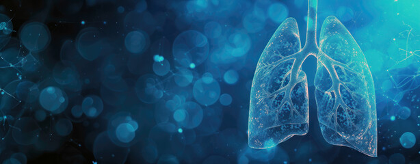 Human lungs with bronchial tree on blue background with bokeh effect. Breathing concept - obrazy, fototapety, plakaty