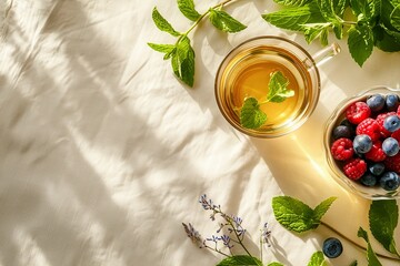 Spring Detox: Green Tea, Berries, and Mint on Linen

