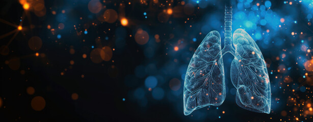 Human lungs with bronchial tree on blue background with bokeh effect. Breathing concept - obrazy, fototapety, plakaty