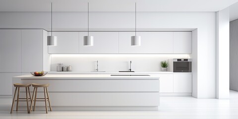 Minimalistic white kitchen interior design with modern lighting and furniture.