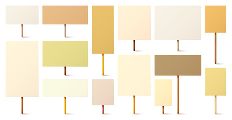 Blank colorful protest sign with wooden holder. Realistic vector demonstration banner. Strike action cardboard placard mockup