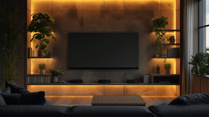 Modern, elegant black TV with bright yellow backlight