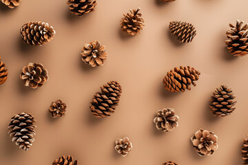 Obraz na płótnie Canvas decorative pine cones on the beige background of a brown christmas decoration 
