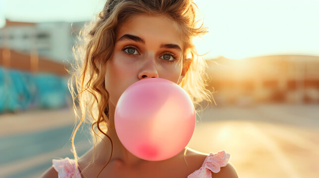 Urban Bubble Moment: Trendy Girl Blowing Gum in the City