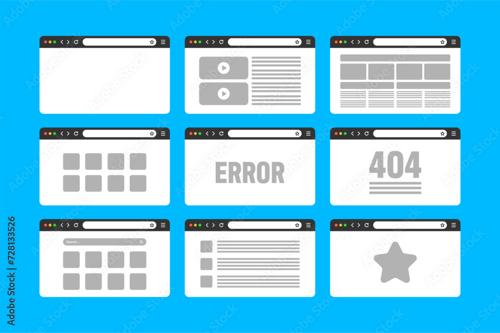 Poster web browser window, pages layout with toolbar and search field. modern website, internet page in fla