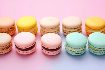 Fototapeta na wymiar Colorful macarons arranged neatly on a pastel background Showcasing a variety of flavors