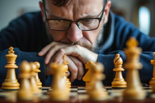 Chess master contemplating a move in a tournament Intense focus on the chessboard