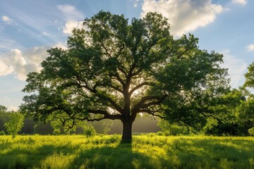 Majestic oak tree standing alone in a verdant meadow With sunlight filtering through the branches
