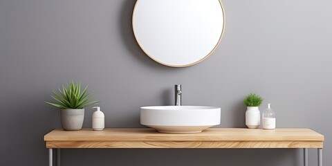 Minimalist modern bathroom with a white washbasin, faucet, wooden countertop, stylish grey wall, round mirror, copy space, and nobody.