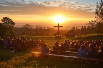 Serene sunrise service with a congregation gathered outdoors Celebrating easter with hope and joy - obrazy, fototapety, plakaty