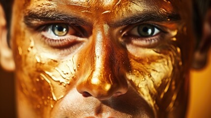 bodypainting. closeup image of golden painted face. 