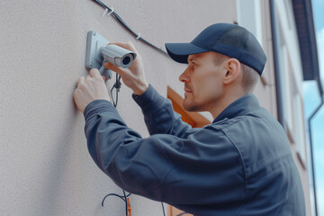 Caucasian man puts security camera on wall fastening and connects it to system with cable. Man installs cameras in his apartment. Concept of CCTV cameras, tracking system, safety and privacy.