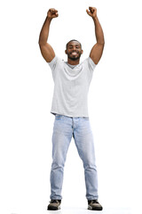 Fototapeta premium A man, full-length, on a white background, raised his hands up