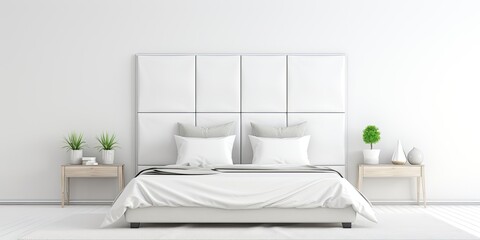 Fototapeta na wymiar Clean white bed made up in trendy minimal interior with bright headboard and cozy pillows, perfect for relaxation in a luxury bedroom.
