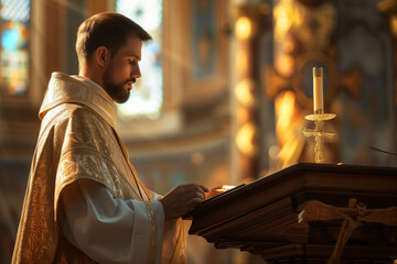 Liturgical. Priest at the lectern.