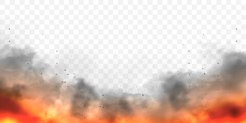 Realistic black smoke clouds and fire. Flame blast, explosion. Stream of smoke from burning objects. Forest fires. Transparent fog effect. Vector design element. - obrazy, fototapety, plakaty