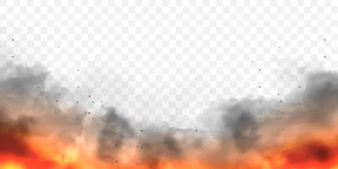 Deurstickers Realistic black smoke clouds and fire. Flame blast, explosion. Stream of smoke from burning objects. Forest fires. Transparent fog effect. Vector design element. © 32 pixels