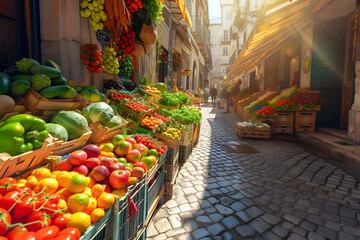 market street selling local fruits and vegetables - obrazy, fototapety, plakaty