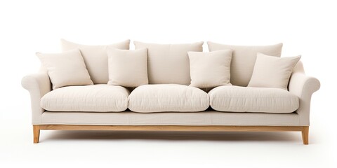 Front view of light beige fabric sofa with 3 seats, white background, and pillow.